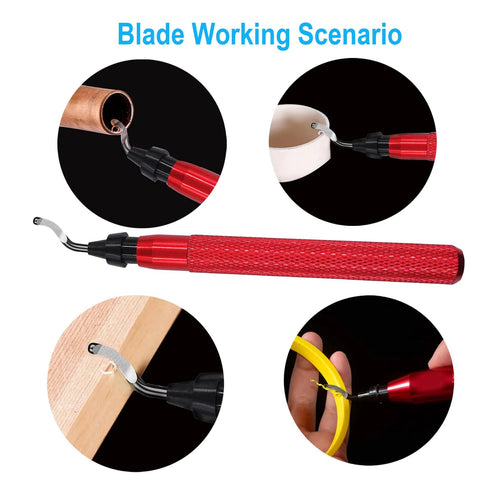 Front view: deburring tool with red knurled handle, swiveling blade, and 15 high-speed steel blades for metal, PVC, and wood.