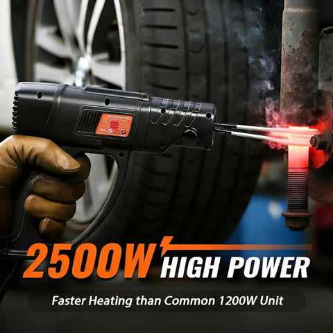 Heavy Duty Induction Heater Tool Featuring 2500 Watts Magnetic Heat For Quickly Zapping Through Rusty Bolts And Stripped Nuts Includes Four Interchangeable Coils And Tough Carry Toolkit, close-up of tool applying heat to rusty bolt.