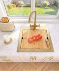 Gold Bar Sink 17 By 17 Inches, Drop In And Top Mount Bar And Prep Sink with cutting board, ideal for kitchen or home bar use.