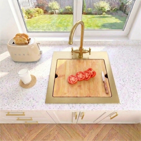 Gold Bar Sink 17 By 17 Inches, Drop In And Top Mount Bar And Prep Sink with cutting board, ideal for kitchen or home bar use.