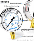 Front view of Stainless Steel Liquid Filled Pressure Gauge With 2.5 Inch Dial, 0-300 Psi, 1/4 NPT, features labeled.