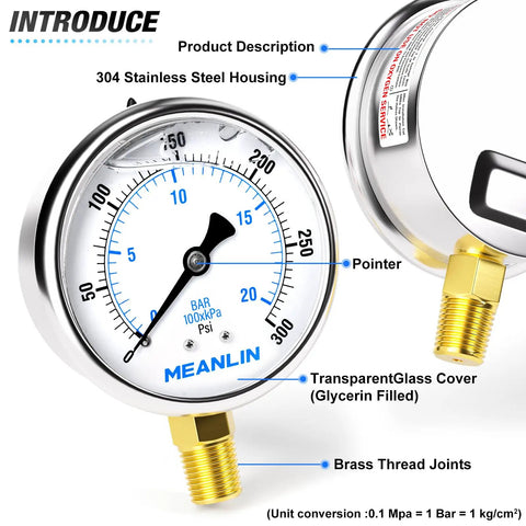 Front view of Stainless Steel Liquid Filled Pressure Gauge With 2.5 Inch Dial, 0-300 Psi, 1/4 NPT, features labeled.