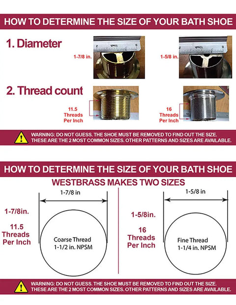 Two charts showing how to measure bath shoe size; diameter and thread count for Mushroom Toe Drain Tub Trim Set.