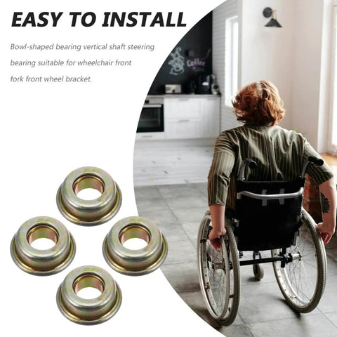 Wheelchair Front Fork Bearings Kit Four Piece Set For Walker Fork Stem Bearings And Front Wheel Maintenance Heavy Duty Durable Bearings For Smooth Rolling And Long Lasting Performance shown in a lifestyle setting with user in wheelchair.