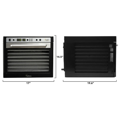 Premium Heavy Duty Digital Food Dehydrator Featuring Stainless Steel Rack Trays And Whisper Quiet Airflow System with dimensions 17x14.5x19.6 inches.