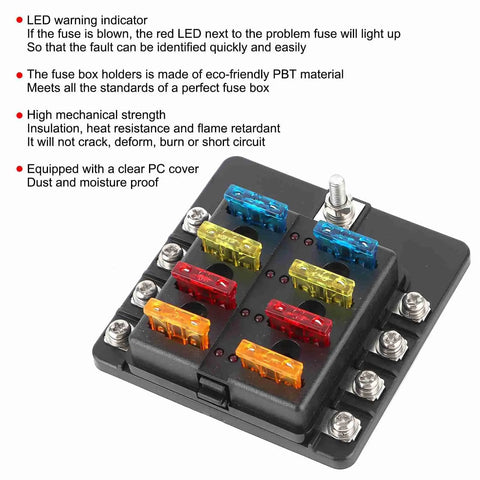 8 Way Waterproof Fuse Block With LED Indicators For Car Boat And Marine Use Sealed Screw Nut Terminals Built Tough Weatherproof Electrical Distribution Box With Colorful LED Fuses