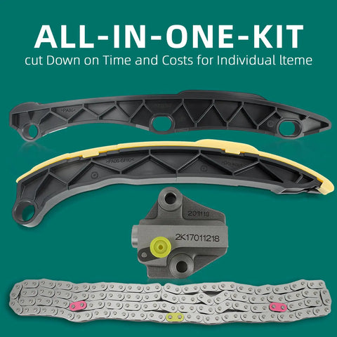 Beefed Up Timing Chain Kit Plug In Ready OE Quality Replacement For Hyundai Santa Fe Sport Sonata Tucson And Kia Sportage Optima Engines 2.0L And 2.4L 2011 Through 2019 With Durable Components For Quiet Operation And Long Lasting Durability displayed with guides, tensioner, and chain on green background