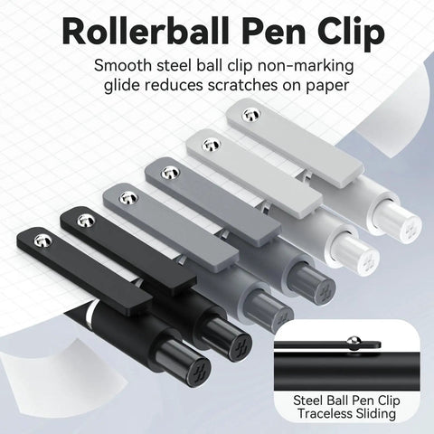 Black, gray, and white rollerball pen clips for Gel Pens Set Six Pack 0.5mm Quick Dry Ballpoint Pens With Smooth Writing And Soft Grip For Journaling Doodles Office Desk Accessories Gifts For Him Or Her Black Gray White Ink.