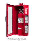 Red Wall Mount Fire Extinguisher Cabinet With Alarm And Lock And Clear Acrylic Break Glass Window Durable Metal Box That Fits 2.5 5 And 10 Pound Extinguishers For Quick Access Safety open with extinguisher inside, door ajar
