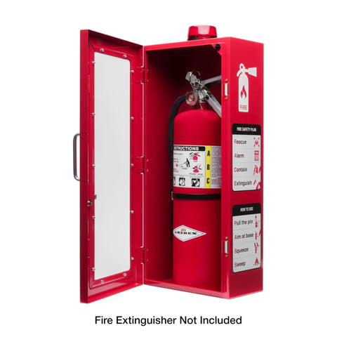 Red Wall Mount Fire Extinguisher Cabinet With Alarm And Lock And Clear Acrylic Break Glass Window Durable Metal Box That Fits 2.5 5 And 10 Pound Extinguishers For Quick Access Safety open with extinguisher inside, door ajar