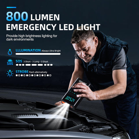 Person using All-In-One Portable Car Jump Starter With Air Compressor, 6000A Jump Box With LED Lights, 160 PSI at night