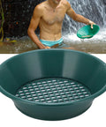 Go-To Gold Panning Kit With 350mm ABS Pan And Bottom Grid Design showing high visibility green pan in use by river
