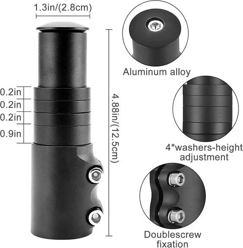 Adjustable 1-1/8 Inch Aluminum Bike Stem Riser Extender with height measurement and doublescrew fixation details
