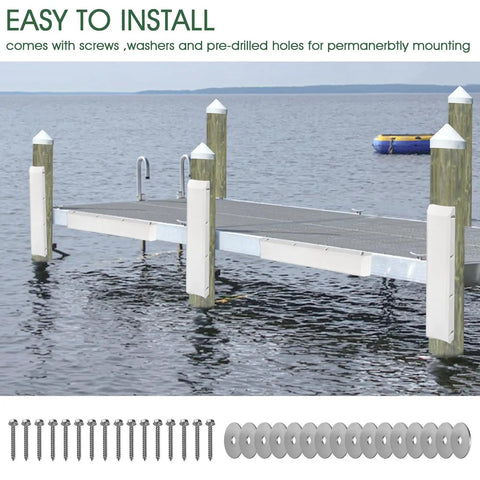 Marine Grade Boat Dock Bumpers For Edge And Piling Posts Dock Fenders on a dock with installation hardware shown