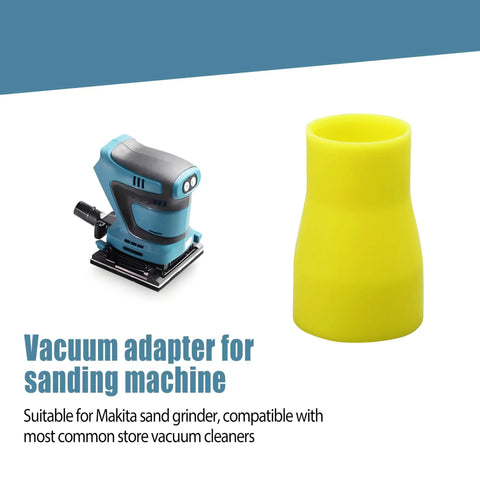 Yellow vacuum adapter for sanding machine, compatible with common store vacuums, shown next to a blue sander.