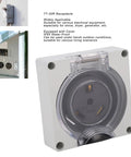 Industrial Grade 30A Weatherproof Lockable Power Outlet With US Plug IP55 Rating And Premium Brass Contacts close-up view of outlet with clear cover.
