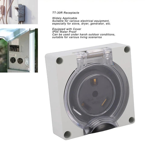 Industrial Grade 30A Weatherproof Lockable Power Outlet With US Plug IP55 Rating And Premium Brass Contacts close-up view of outlet with clear cover.