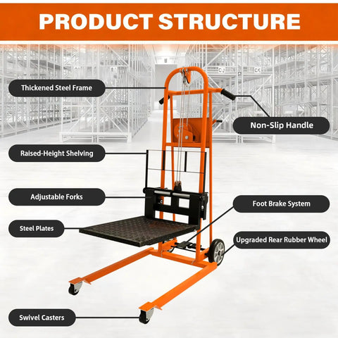 Heavy Duty Manual Winch Material Lift Stacker, 500 Pound Capacity, Sweet 41 Inch Rise, No Sweat Compact Pallet Cart, Easy Roll Gear For Tight Warehouse And Garage Jobs