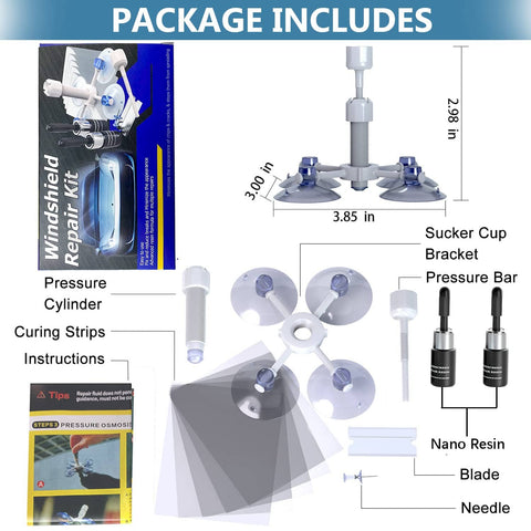 Package contents of Windshield Chip And Crack Repair Kit, 2 Piece Car Glass Repair Set With Nano Fluid, tools and instructions shown
