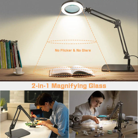 Desk Magnifying Lamp with Light and Clamp Base, 10X and 15X Magnification, 72 LED Glass Lens in use for repair and crafts