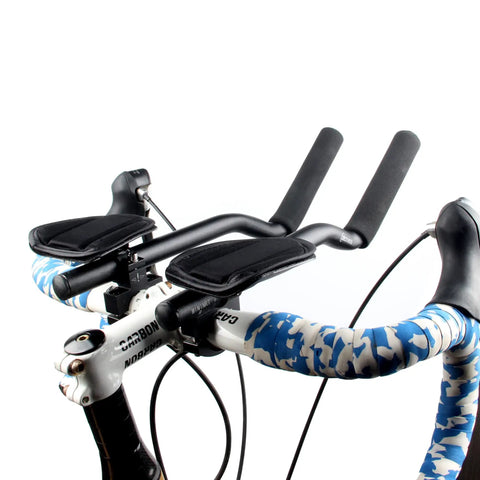 Aluminum Aero Bar Armrest For Road Bikes Clip On TT Handlebar Extensions with ergonomic rest, featuring black sponge armrests.