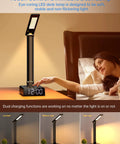Led Desk Lamp With 15W Wireless Charger, USB And Type C Ports, 2 AC Outlets, Dimmable Eye Caring Light on bedside table