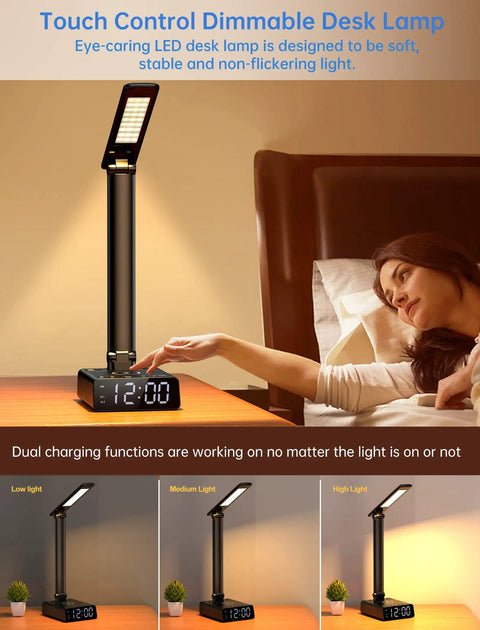 Led Desk Lamp With 15W Wireless Charger, USB And Type C Ports, 2 AC Outlets, Dimmable Eye Caring Light on bedside table