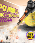No Stress Deep Clean Handheld Steam Cleaner With 1200 Watt Fast Heat And Ten Tough Attachments For Household Jobs That Really Breaks Down Grease On Grout Tile Windows Plus Car Interiors, spraying high-temperature steam.