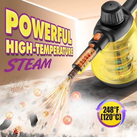 No Stress Deep Clean Handheld Steam Cleaner With 1200 Watt Fast Heat And Ten Tough Attachments For Household Jobs That Really Breaks Down Grease On Grout Tile Windows Plus Car Interiors, spraying high-temperature steam.