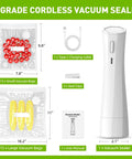 Handheld vacuum sealer: white cordless sealer with USB-C cable, 15 small bags, 15 large bags, 3 seal clips, user manual.