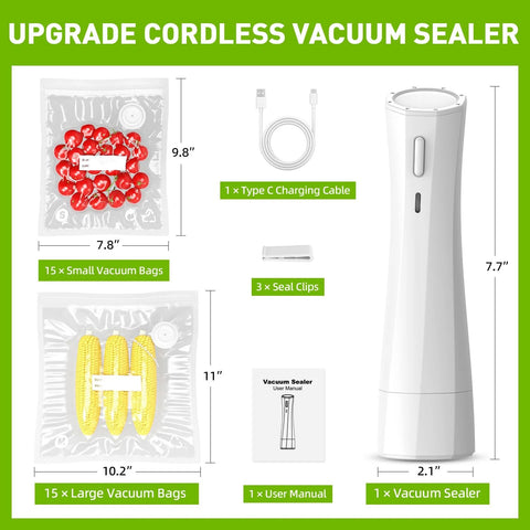 Handheld vacuum sealer: white cordless sealer with USB-C cable, 15 small bags, 15 large bags, 3 seal clips, user manual.