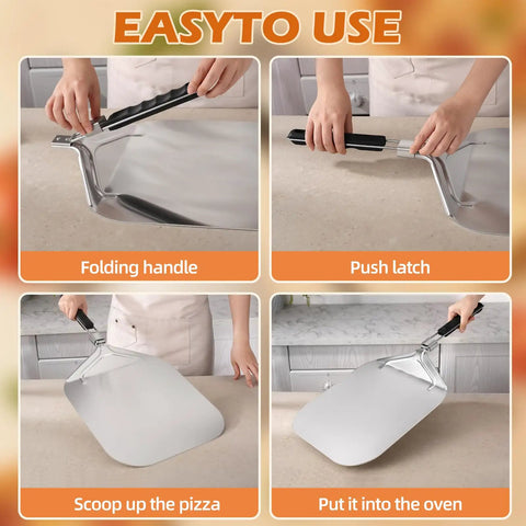 Steps for using Must Have Pizza Peel Set With Cutter Rocker, Aluminum Peel, Foldable Handle in indoor outdoor oven kit for pizza making.