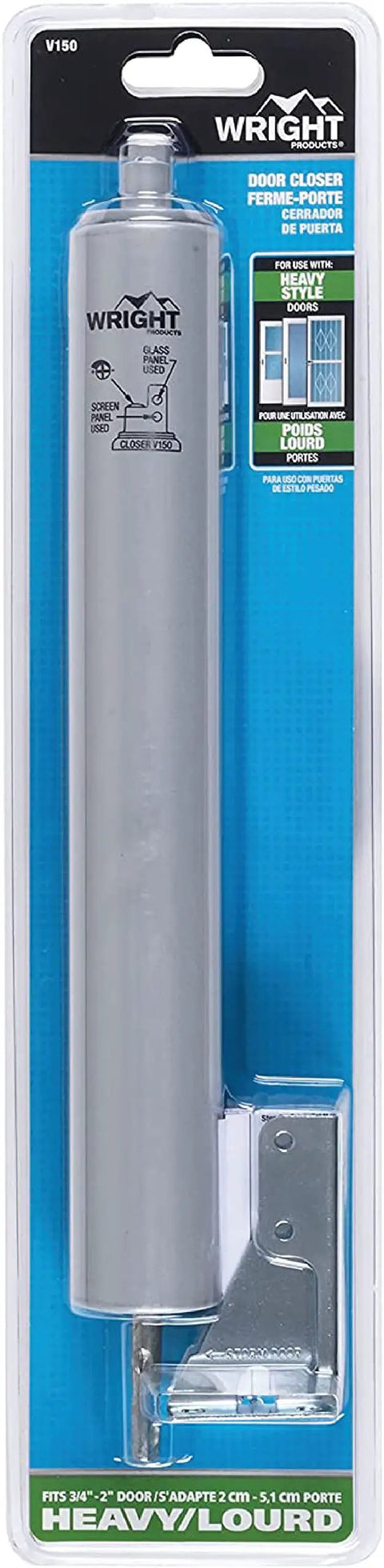 Heavy-Duty Pneumatic Storm Door Closer With Adjustable Damping And Hold Open Feature, packaged in retail box.