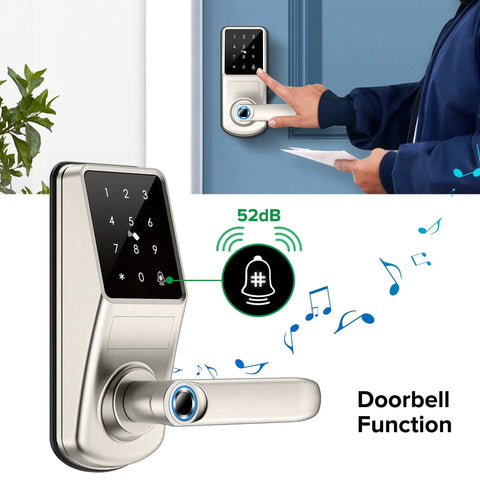 5 In 1 Dope Smart Fingerprint Door Lock For Front Door With App Control And Virtual Password in satin nickel, doorbell function