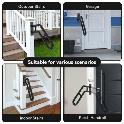 Outdoor Wall Mount Handrail Grab Bar for 1 to 3 Step Stairs, shown in outdoor, garage, indoor, and porch settings.