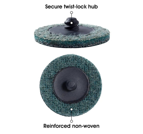 25 Pack 2 Inch Quick Change Sanding Discs For Die Grinder Surface Prep Strip Grind Polish Burr Finish Rust And Paint Removal Fine Grit Aluminum Oxide Set showing front and back of disc with twist-lock hub.