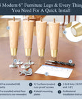 Upgrade Your Pad With Premium Ash Wood Furniture Legs With Gold Caps Full Install Kit, 6 inch legs set, hardware and manuals shown