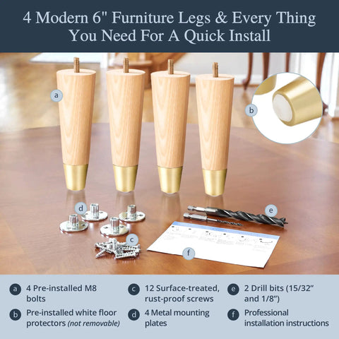 Upgrade Your Pad With Premium Ash Wood Furniture Legs With Gold Caps Full Install Kit, 6 inch legs set, hardware and manuals shown