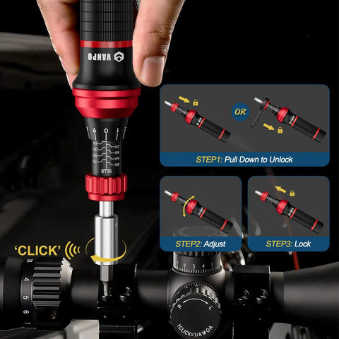 Torque Screwdriver Set 10 To 80 Inch Pounds With 64 Piece Gunsmith Kit shown adjusting scope mount