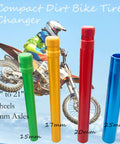 No Fuss Dirt Bike Tire Changing Tool Kit For Enduro And Motocross Riders showing colorful adapters for 16-21 inch wheels
