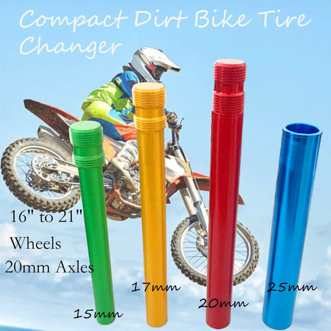 No Fuss Dirt Bike Tire Changing Tool Kit For Enduro And Motocross Riders showing colorful adapters for 16-21 inch wheels