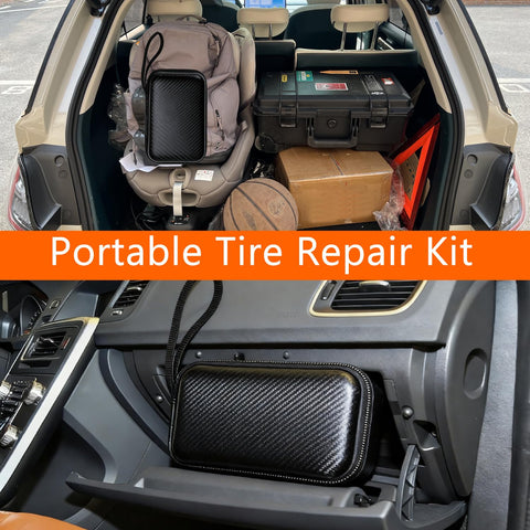 Tire Screw Plug Repair Kit No Tire Removal Sidewall Compatible Patch Plug Tool with Portable Storage Bag in car trunk and glove box.