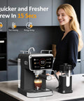 20 Bar Espresso Machine For Home And Office With Milk Frother, Iced Coffee Maker And Cold Brew, shown on kitchen counter