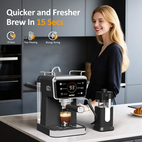 20 Bar Espresso Machine For Home And Office With Milk Frother, Iced Coffee Maker And Cold Brew, shown on kitchen counter