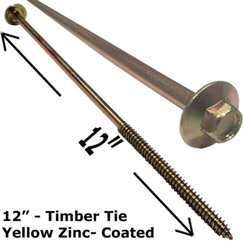 Bulletproof Extra Long Structural Lag Screws For Heavy Duty Construction And Outdoor Landscaping Projects With Yellow Zinc Coating and Easy Hex Head Flange Design For No Sweat Secure Fastening On Thick Timber Posts, 12 inch length image.