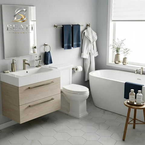 Modern bathroom with Dope 7 Piece Bathroom Hardware Set In Brushed Nickel Stainless Steel, featuring towel bars and toilet paper holder.