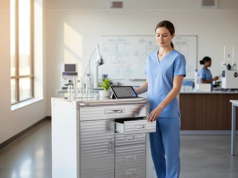 Person in scrubs using Heavy Duty Rolling Storage Cabinet With Wheels And Drawers, Built For Garage And Shop in lab setting