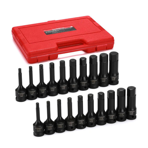 Heavy Duty One Half Inch Drive Impact Hex Bit Socket Set 20 Piece CrMo Steel with red case and black phosphate finish