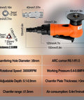 Pneumatic chamfering tool, handheld orange (Amazon) for metal/wood beveling with adjustable depth 0.1–0.9 mm, 30,000 RPM.