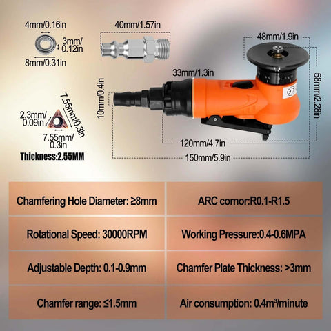 Pneumatic chamfering tool, handheld orange (Amazon) for metal/wood beveling with adjustable depth 0.1–0.9 mm, 30,000 RPM.